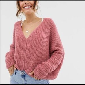 Free People Moonbeam Oversized Alpaca Blend V Neck Sweater Prairie Rose size XS